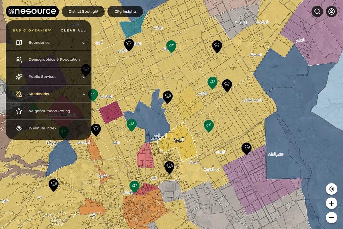 Interactive GIS platform for Riyadh that visualizes demographic data, business densities, and sector statistics on a dynamic map, with the ability to generate PDF reports.